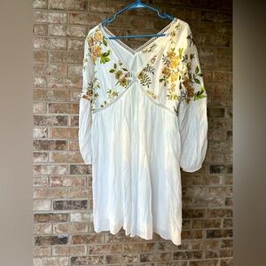J GEE White Yellow and Green Floral Embroidered Dress